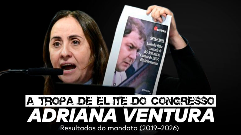 A imagem mostra a frase “A tropa de elite do Congresso | Adriana Ventura: resultados do mandato (2019–2026)” com a foto da deputada federal Adriana Ventura acima.