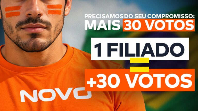 Homem de camiseta laranja do NOVO com duas faixas laranjas sob os olhos, em pose determinada. Ao lado, os textos “Precisamos do seu compromisso: mais 30 votos” e “1 filiado = +30 votos”, com a bandeira do Brasil ao fundo.