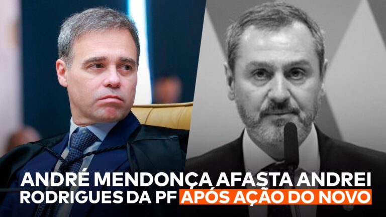 A imagem mostra a frase “André Mendonça afasta Andrei Rodrigues da PF após ação do NOVO” abaixo do ministro do STF e o diretor da PF.