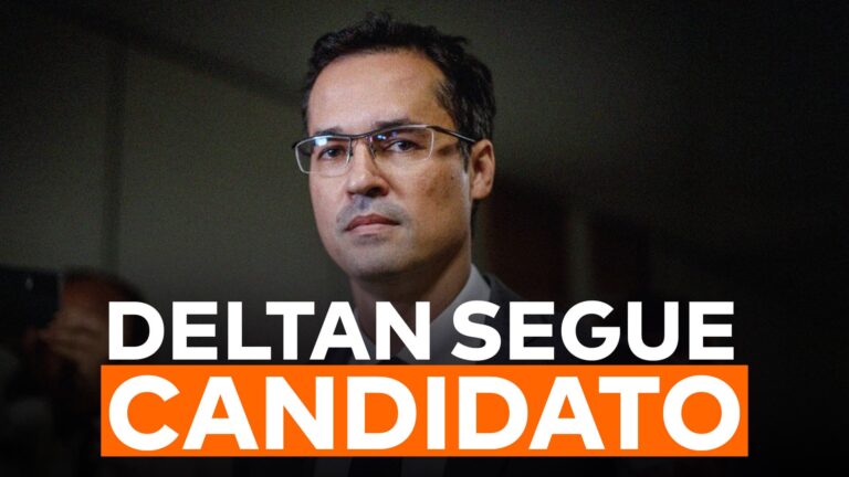 A imagem mostra a frase “Deltan Dallagnol continua candidato” abaixo de uma foto de Deltan Dallagnol.