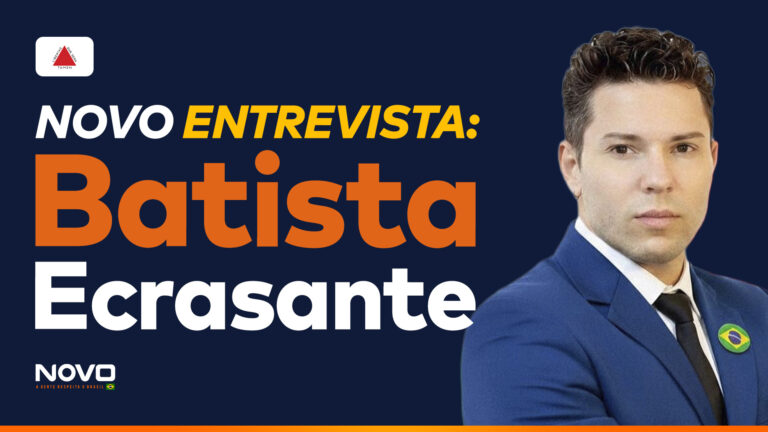 A imagem mostra a frase “NOVO Entrevista - Batista Ecrasante” e uma foto do candidato a deputado federal por MG e conhecido como "gay de direita", Batista Ecrasante.