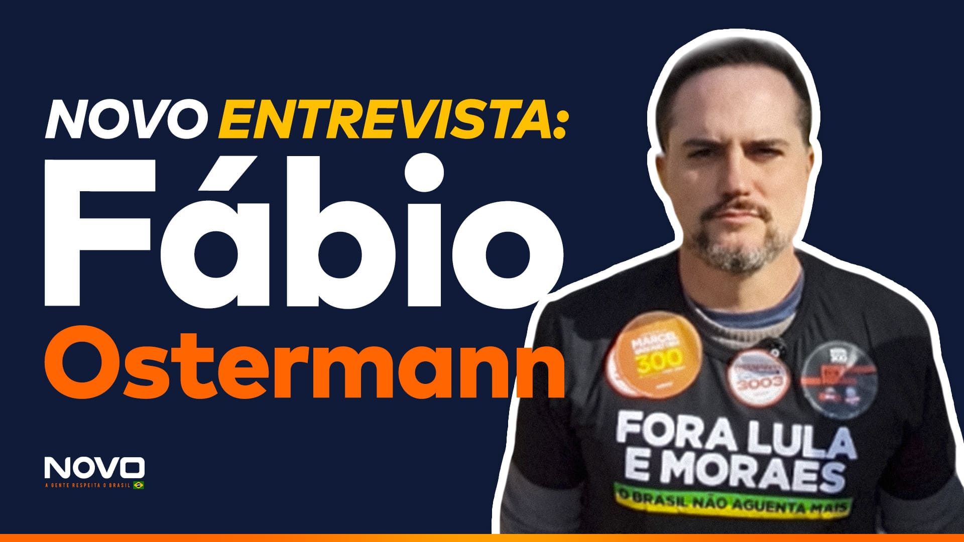 A imagem mostra a frase “NOVO Entrevista - Fábio Ostermann” e uma foto do candidato a deputado federal pelo RS, Fábio Ostermann.