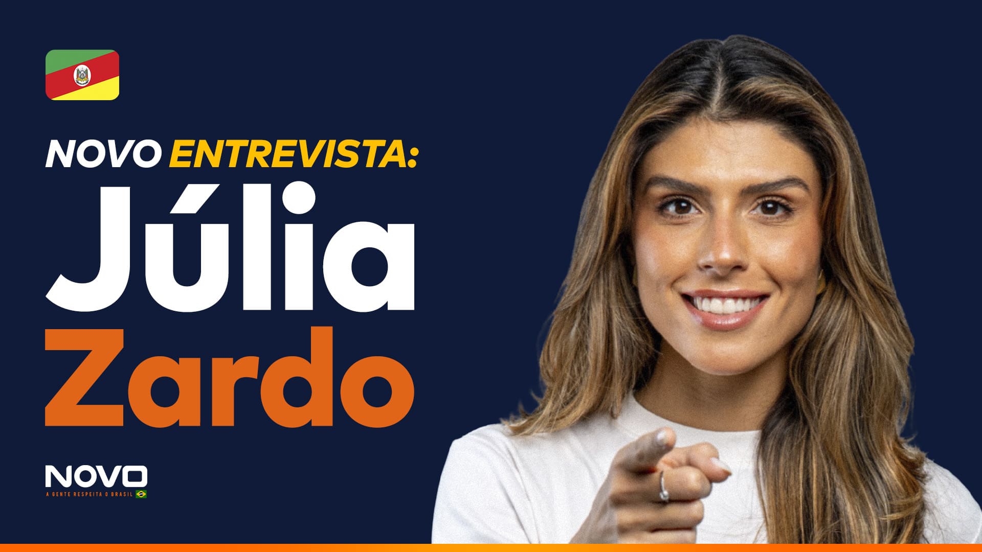 A imagem mostra a frase “NOVO Entrevista - Júlia Zardo” ao lado do candidato a deputado federal pelo Rio Grande do Sul, Júlia Zardo.