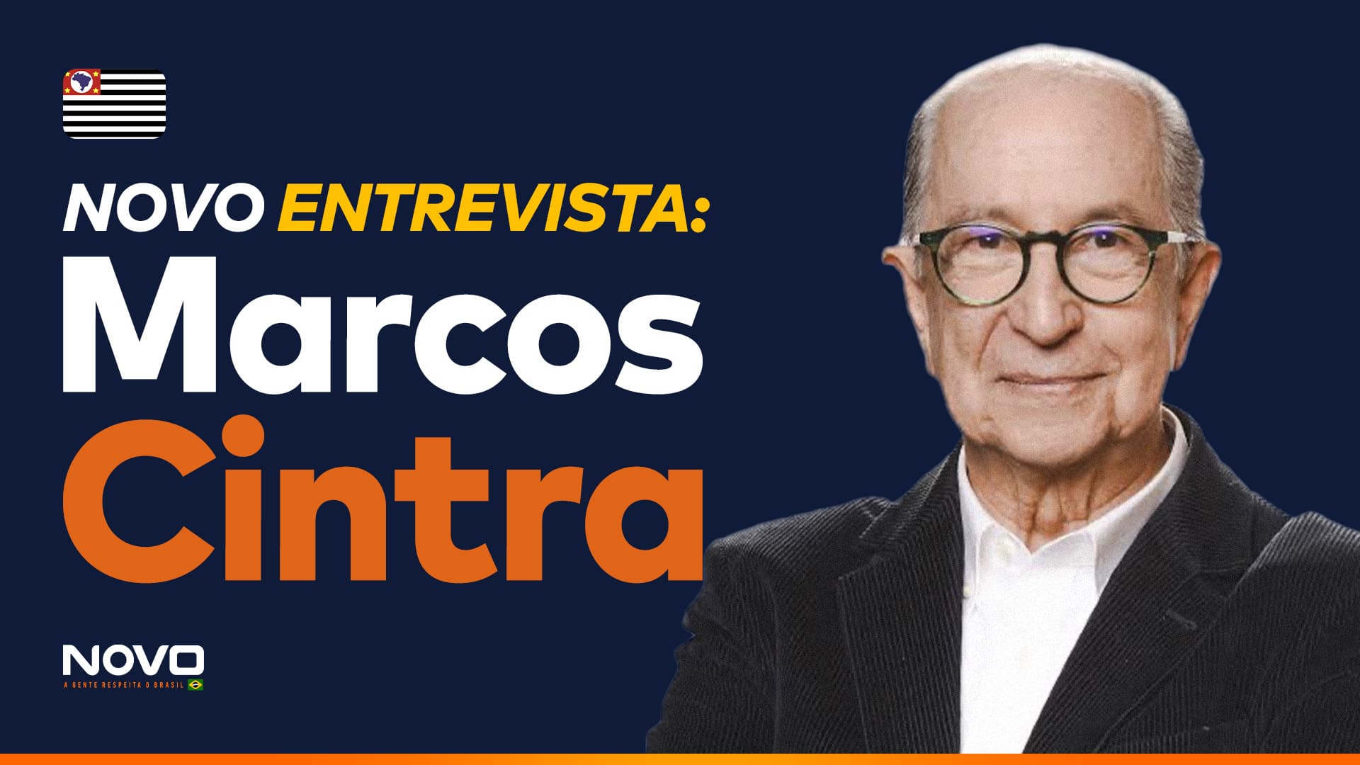 A imagem mostra a frase “NOVO Entrevista - Marcos Cintra” ao lado do candidato a deputado federal por São Paulo, Marcos Cintra.