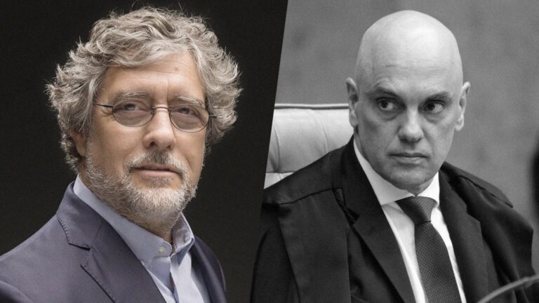 A imagem da matéria “Christian Lohbauer pede que USP abra processo disciplinar contra Moraes” mostra a fotos contrapostas de Chistian Lohbauer, candidato e fundador do Partido Novo, e Alexandre de Moraes.
