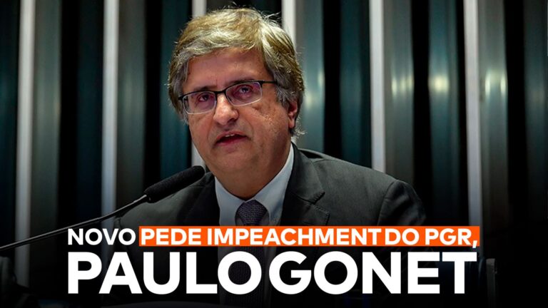 A imagem mostra a frase “NOVO pede impeachment do PGR, Paulo Gonet” e o procurador-geral da república, Paulo Gonet.