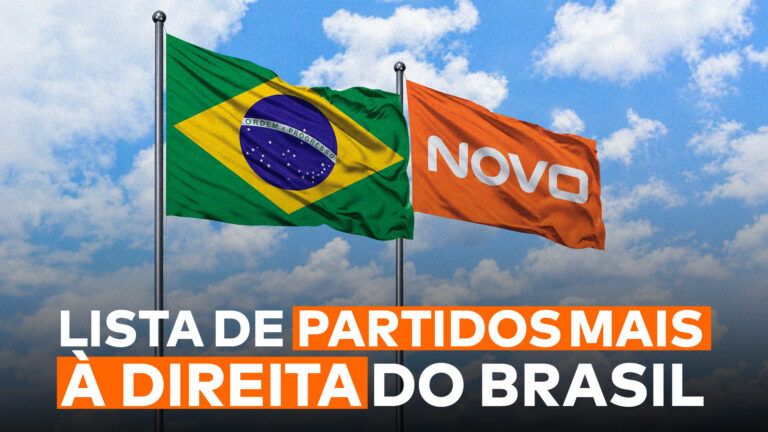 A imagem da matéria, sobre quais são os partidos mais à direita, mostra a frase “Lista de partidos mais à direita do Brasil” abaixo da bandeira do Brasil ao lado da bandeira do Partido Novo.
