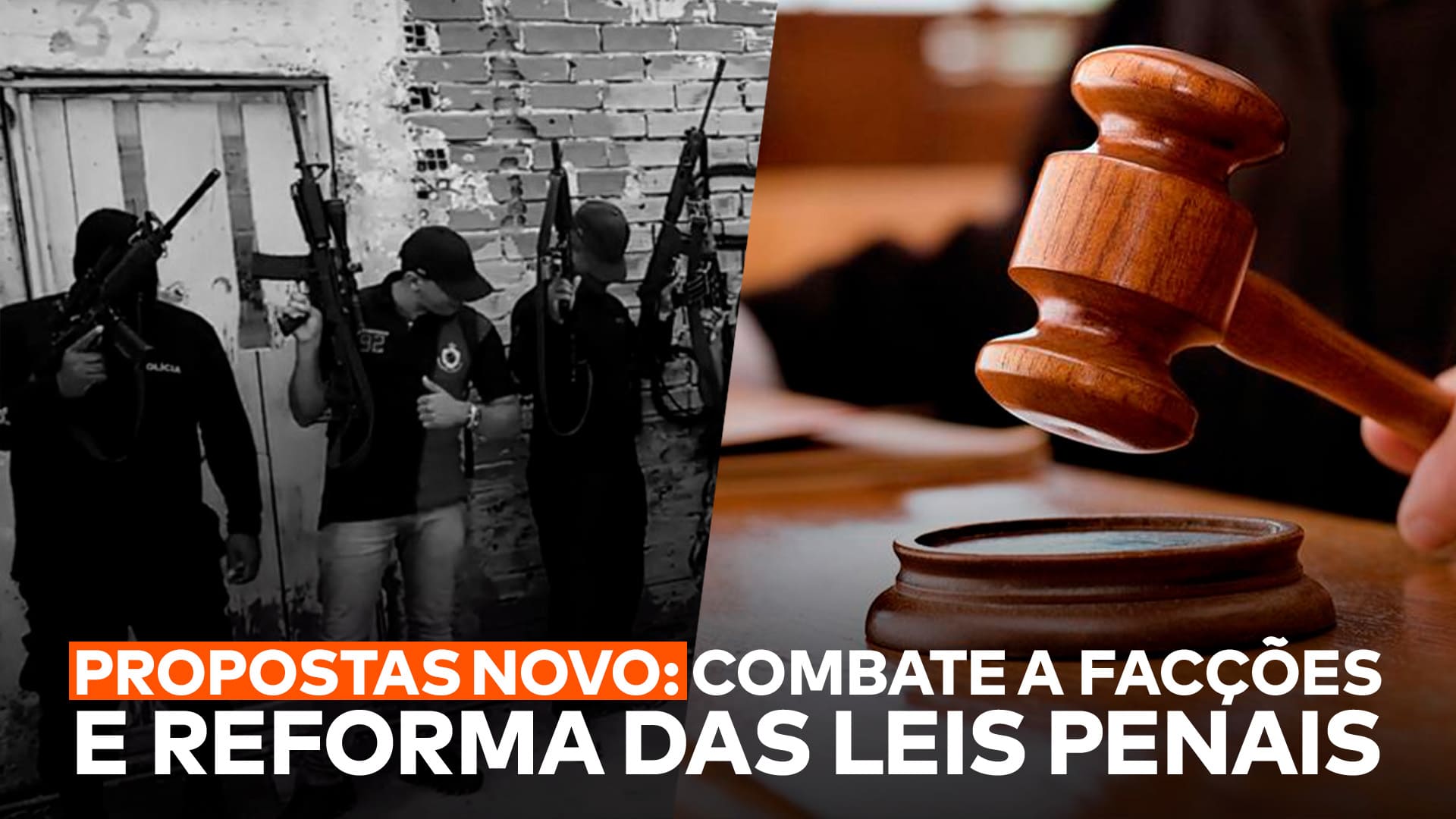 A imagem da matéria das propostas do NOVO sobre segurança, que incluem instituir prisão perpétua, mostra a frase “Propostas NOVO: combate a facções e reforma das leis penais” abaixo de duas fotos dividindo a tela: uma com faccionados armados e outra com a mão de um juiz batendo o martelo.