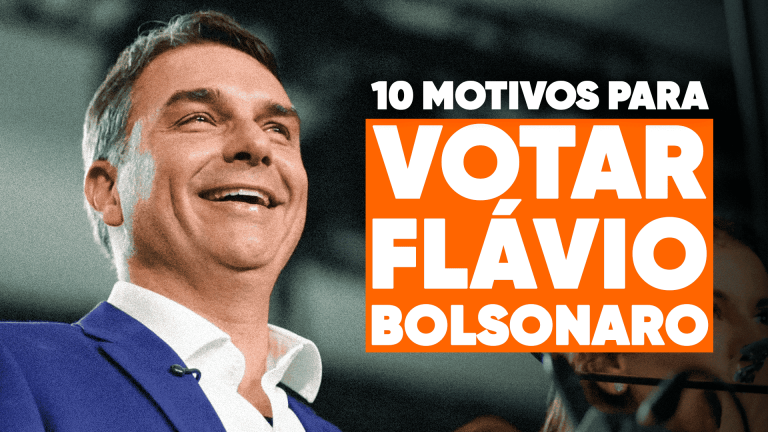 A imagem mostra Flávio Bolsonaro e a frase “10 motivos para votar Flávio Bolsonaro” ao lado dele.