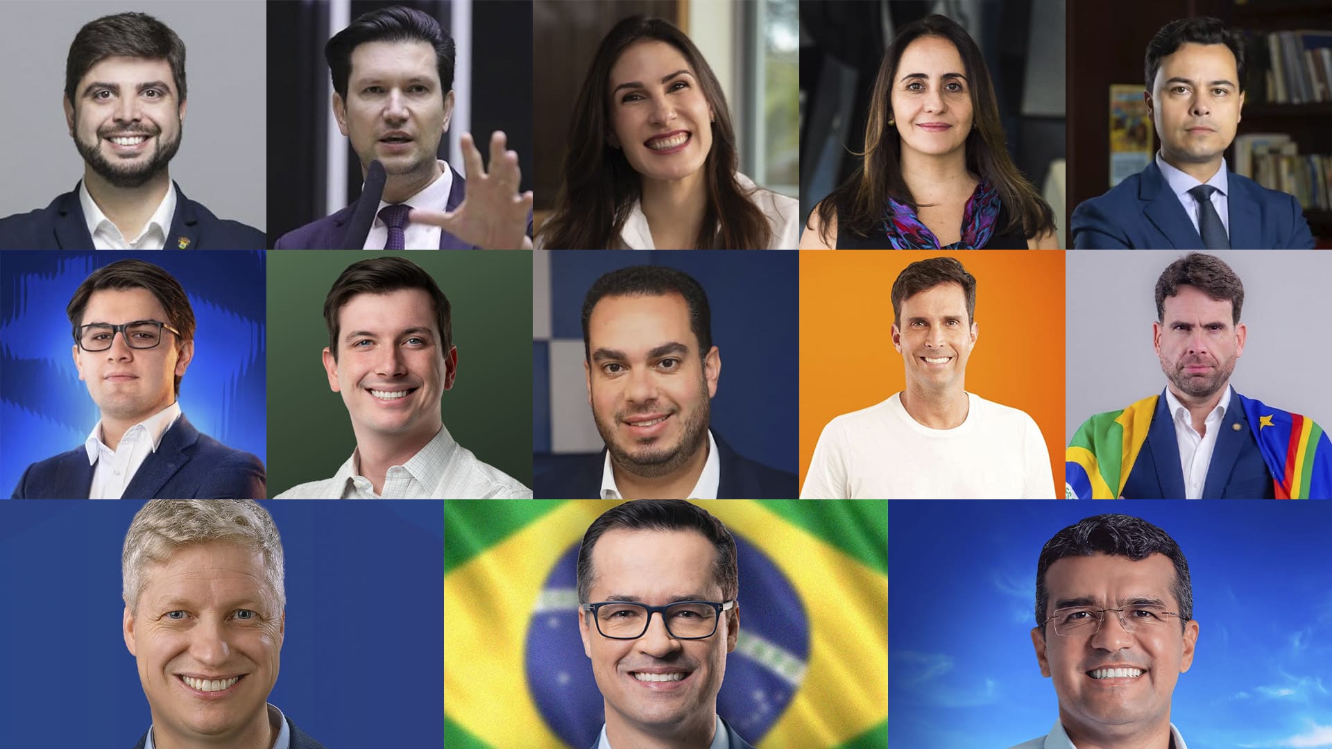 A imagem mostra todos os 13 congressistas eleitos pelo Partido Novo nas eleições de 2026: 10 deputados federais e 3 senadores.