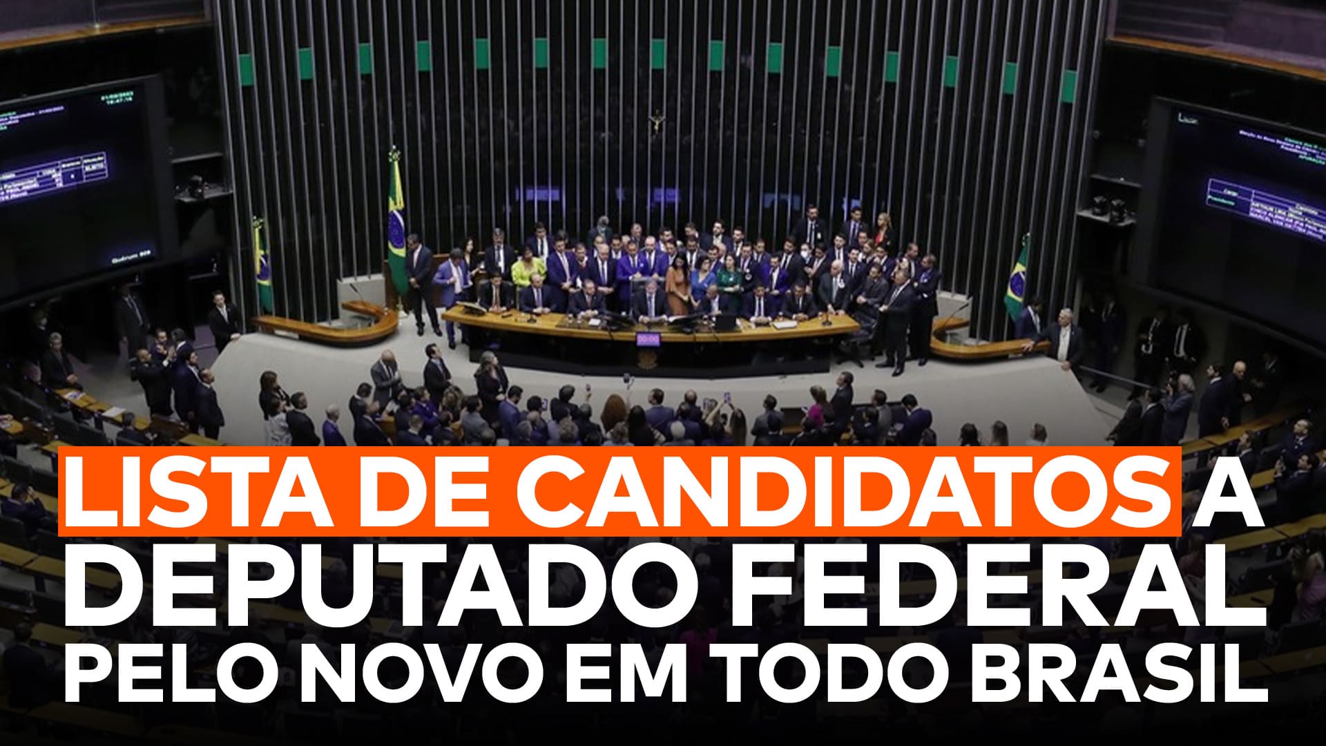 A imagem mostra a frase “Lista de candidatos a deputado federal pelo Partido Novo em todo Brasil” com uma foto da Câmara dos Deputados ao fundo.