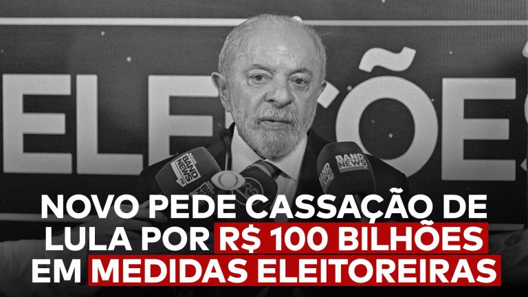 A imagem mostra Lula e a frase “NOVO pede cassação de Lula por R$ 100 bilhões em medidas eleitoreiras” abaixo dele.