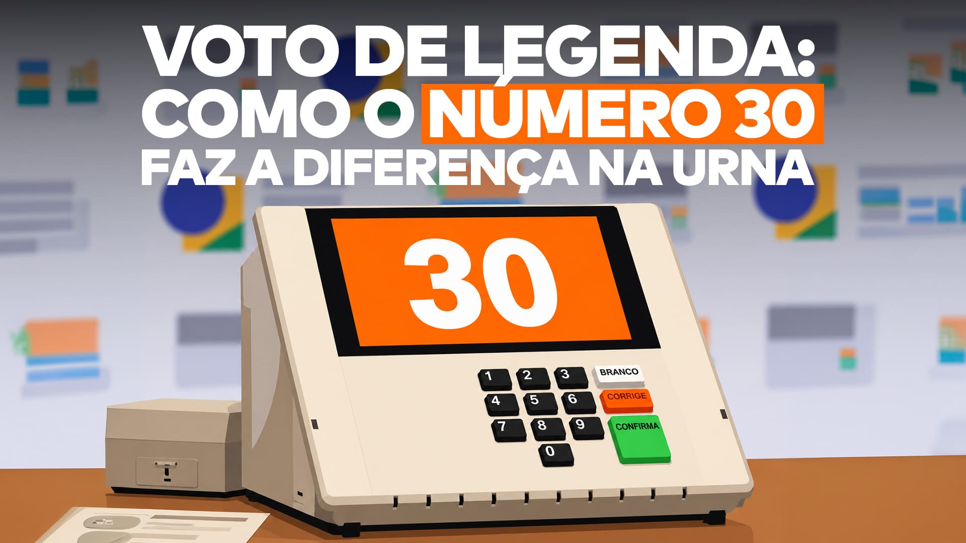 A imagem da matéria “Como funciona o voto de legenda no sistema proporcional? Entenda em 5 pontos” mostra a frase “Voto de legenda: como o número 30 faz a diferença na urna” acima de uma urna eletrônica.